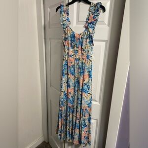 Ruffle strap textured maxi dress blue pattern from Abercrombie & Fitch